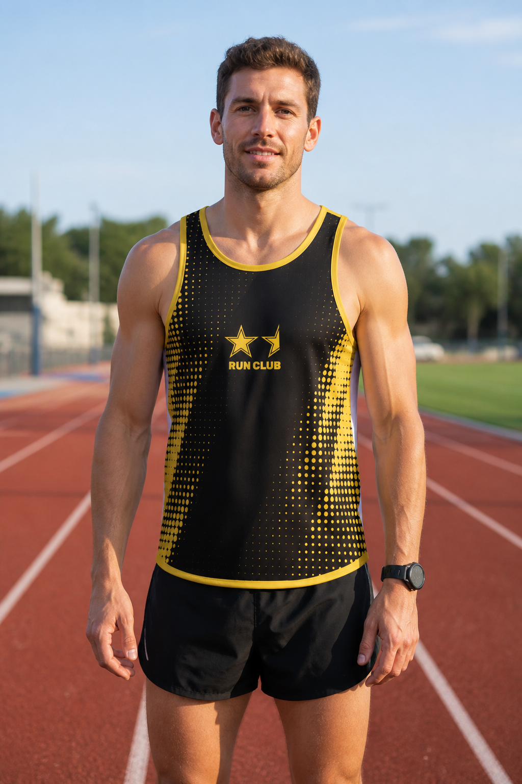 Man on a track wearing the black 1.5 Star Run Club singlet, front view